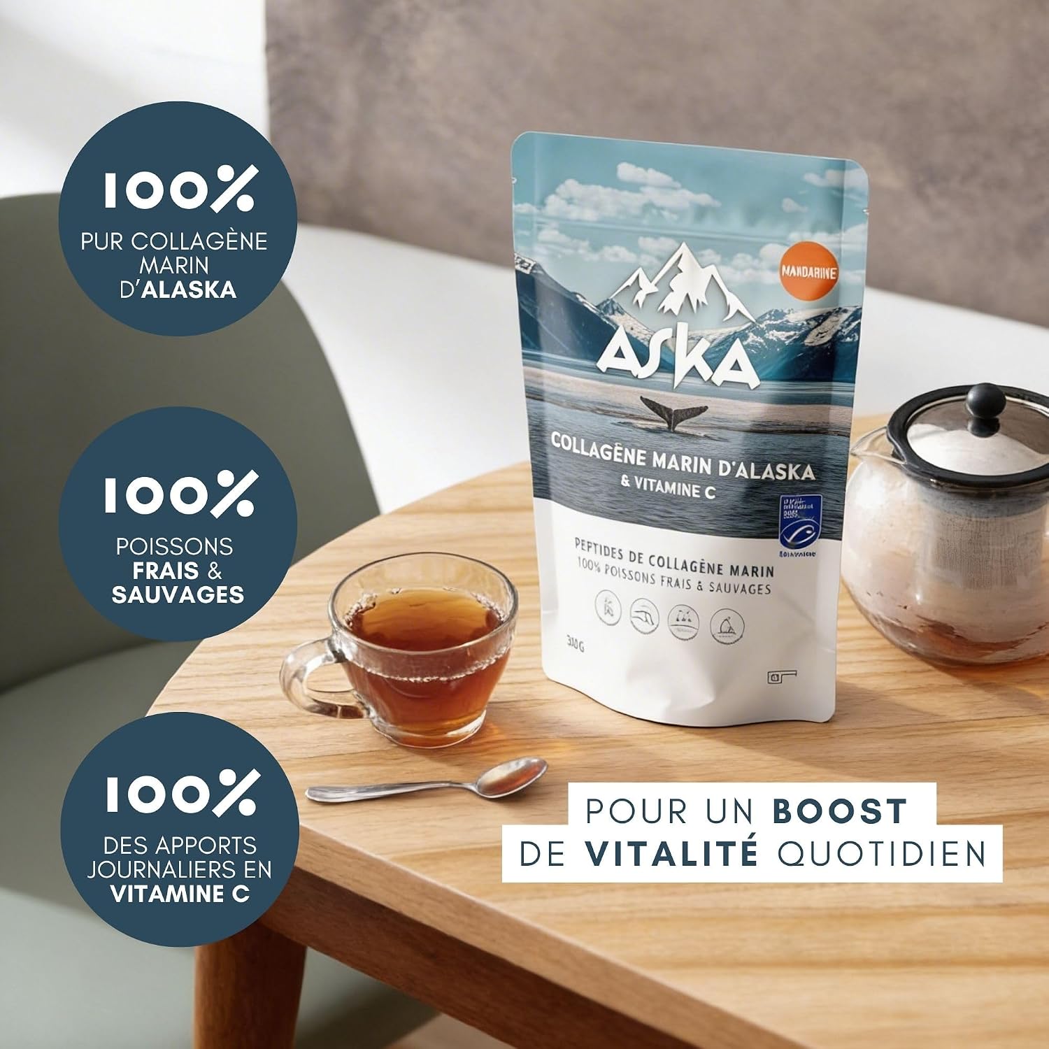 ASKA Collagène Marin d'Alaska Hydrolysé Type I & III, Poudre, 300g, Vitamine C, Origine Poissons Sauvages d'Alaska, Sans OGM (Mandarine)