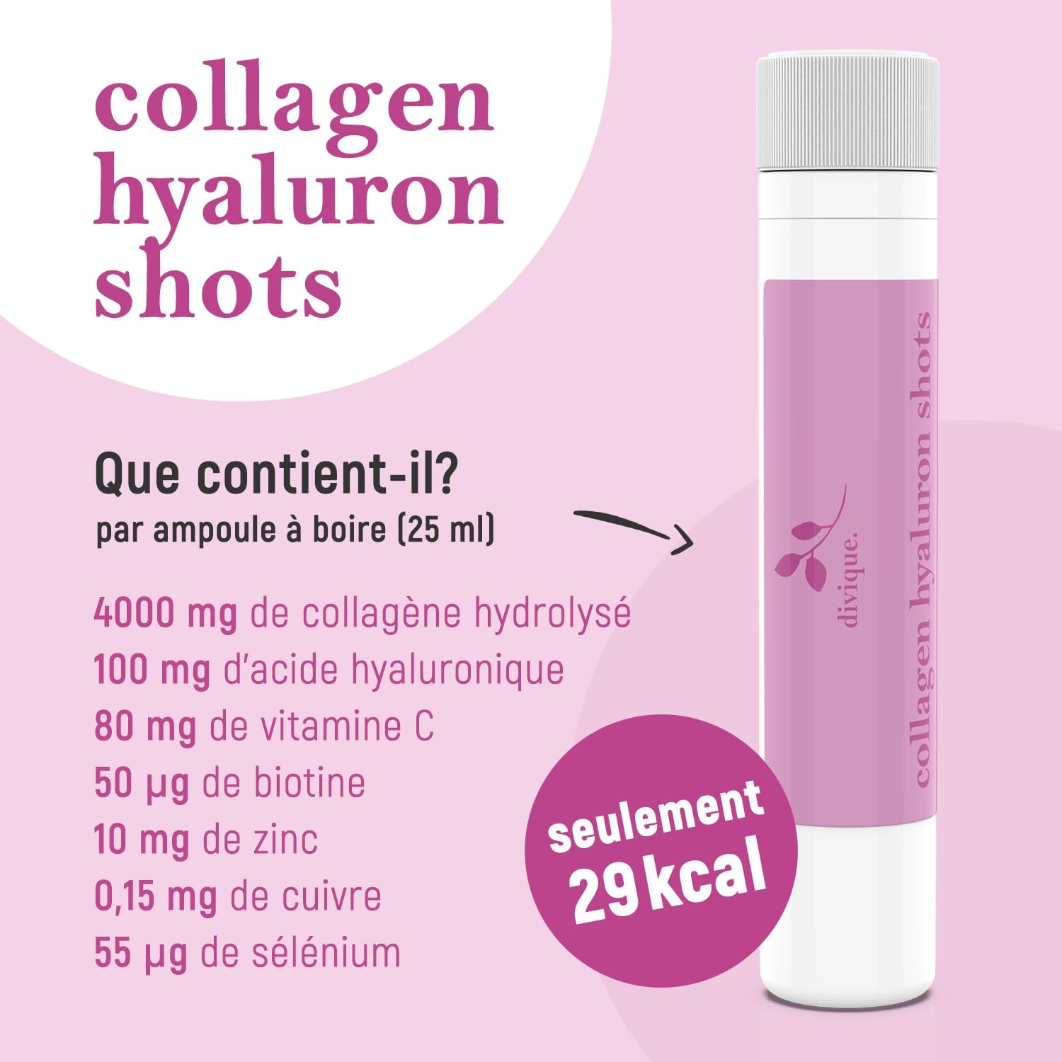 Divique collagène liquide avec acide hyaluronique (30 ampoules) - 4 000 mg de collagène + 100 mg d'acide hyaluronique - avec vitamine C, biotine, zinc, cuivre, sélénium - goût fraise