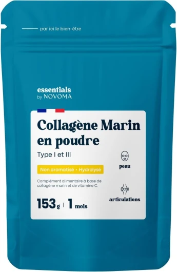 Collagene Marin Poudre Type 1 et 3, Non Aromatisé, 5g par jour, Cure de 30 jours, Peptides Hydrolysés 2000 DA, Peau Hydratée & Articulations Souples, Sachet 153g, Essentials by Novoma
