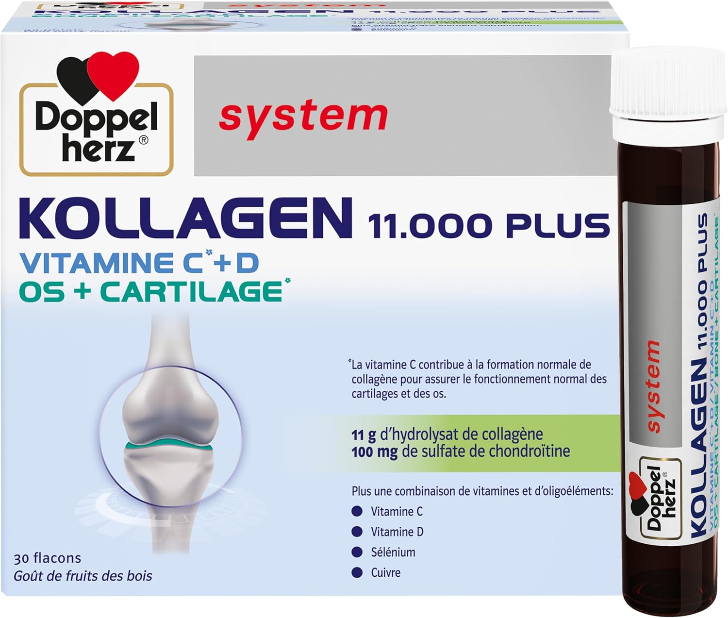 Doppelherz, Kollagen 11000 Plus, Hydrolysat de collagène et Vitamines C, D et minéraux, Pour les os, cartilages et muscles, Goût fruits des bois, 30 flacons de 25ml Violet 750 ml (Lot de 1)