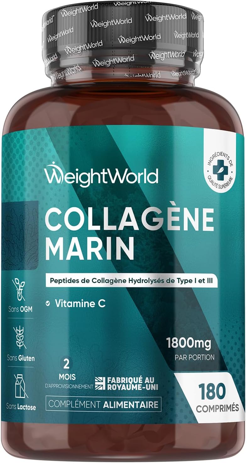 Collagène Marin Hydrolysé Type 1 & 3 avec Vitamine C, 1800mg par Portion, 180 Comprimés, 2 Mois de Stock, Alternative à la Poudre et aux Gélules – Collagène Marin en Comprimés, sans Gluten ni Lactose