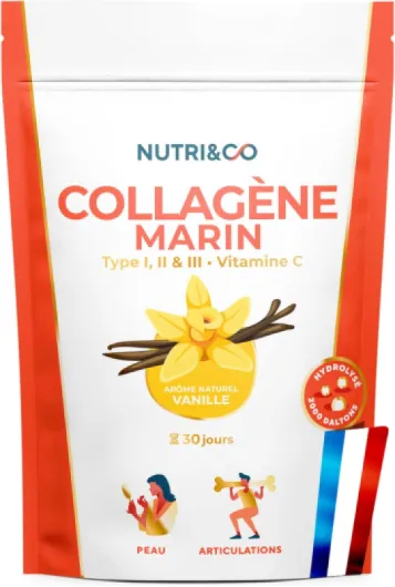 NUTRI & CO Collagène Marin Types 1 2 3 + Vitamine C - Peau & Articulations - 5500mg de Collagène Hydrolysé Breveté par Portion - Peptides en Poudre Goût Vanille 180g - Fabriqué en France Vanille 30 Portions (Lot de 1)