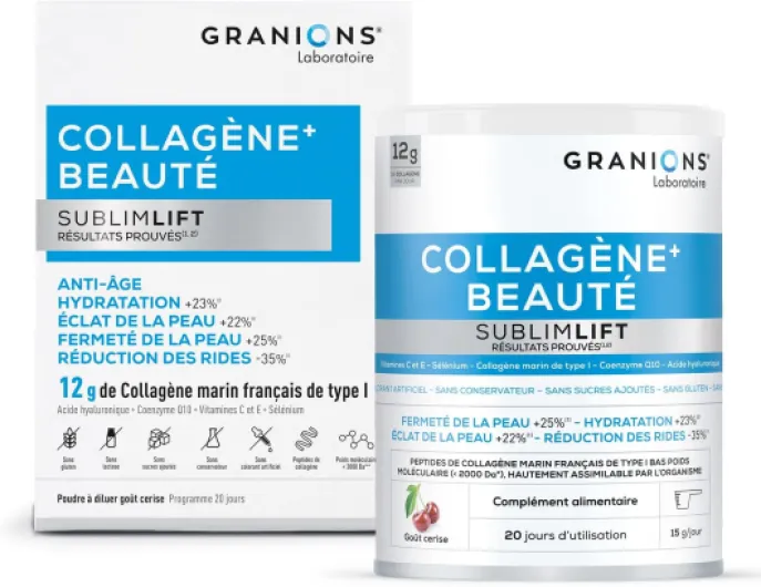 COLLAGENE MARIN Beauté Sublimlift - GRANIONS Collagène N°1 en Pharmacies - 12 g de Collagene Par Jour - Collagene Marin Acide Hyaluronique - Saveur Cerise - Collagene Poudre 300 mg - 1 mois