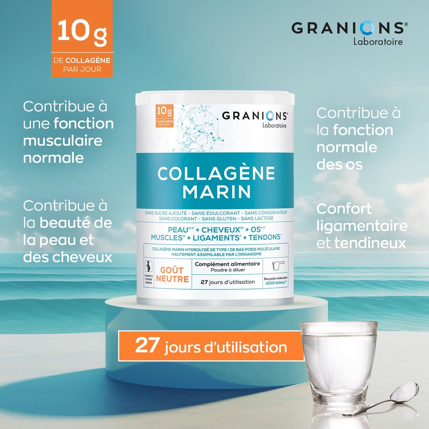 COLLAGENE MARIN Poudre - Saveur Neutre - GRANIONS Collagène N°1 en Pharmacies - 10 g Par Jour - Vitamine C et Collagene Articulations - Collagene Poudre - 27 jours