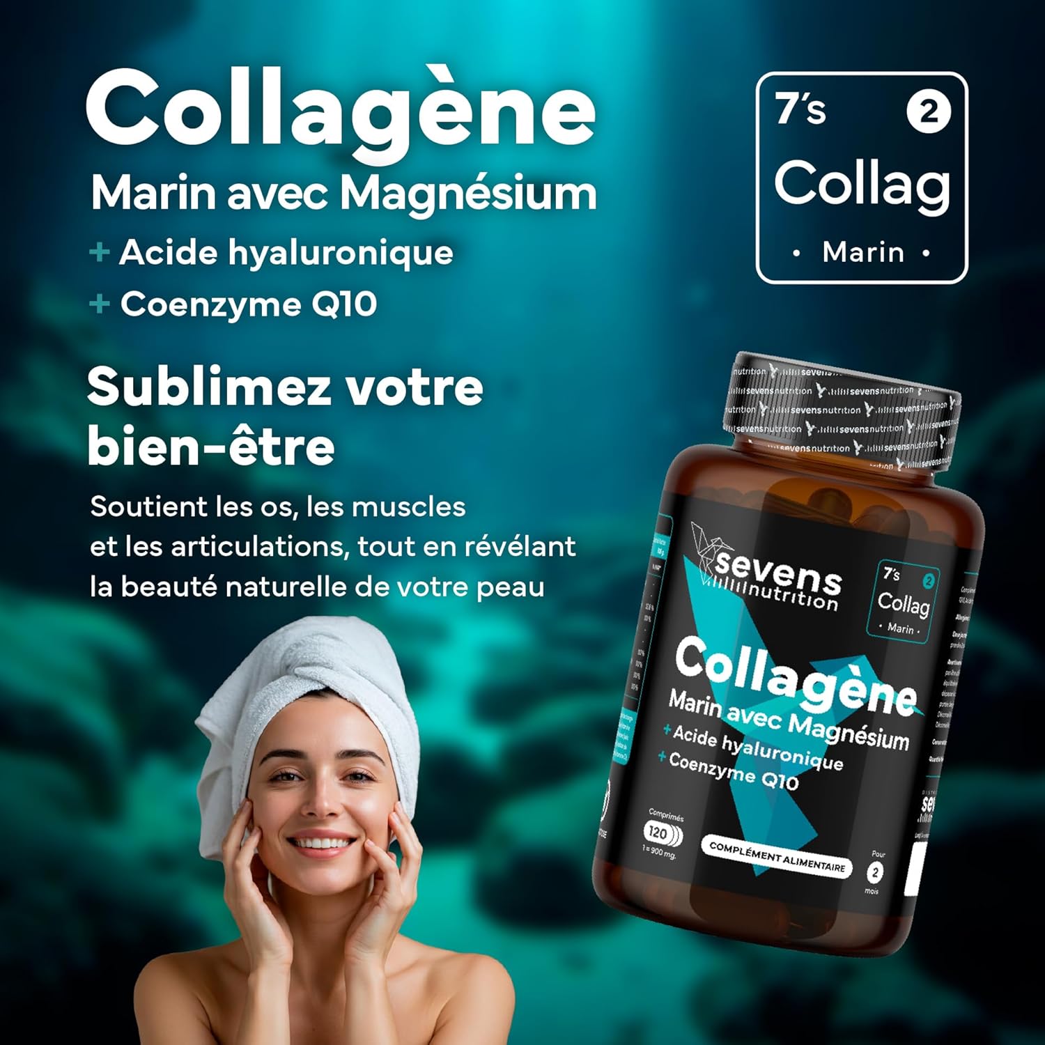 Collagène Marin Hydrolysé avec Magnésium Acide Hyaluronique Coenzyme Q10 – 120 Gélules – Peau Os Articulations – Vitamines A C D3 B12 Zinc – Haute Absorption – Sevens