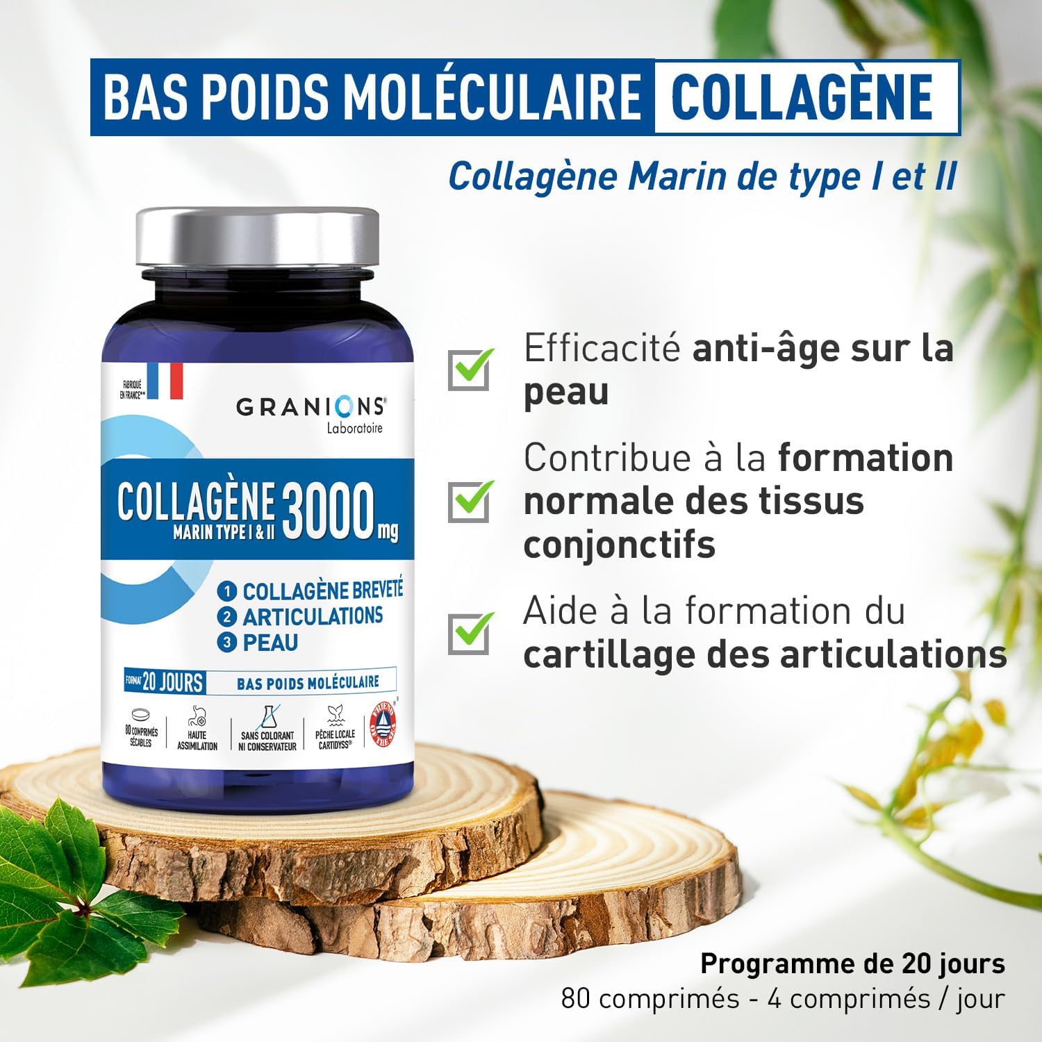 COLLAGENE MARIN 3000 MG GRANIONS - Collagene Marin Type 1 et 2 - Collagene Marin + Cuivre + Manganese - Peptide de Collagene - Peau Beauté - repousse cheveux - 80 comprimés