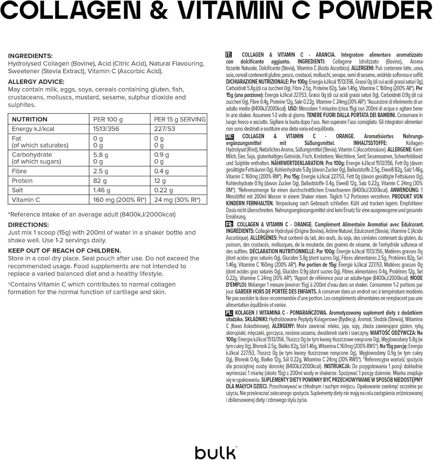 Collagène et Vitamine C en Poudre, 12 000 mg par portion, peptides de collagène hydrolysé, type 1 et type 3, Peptides de Collagène, Orange, 500 g