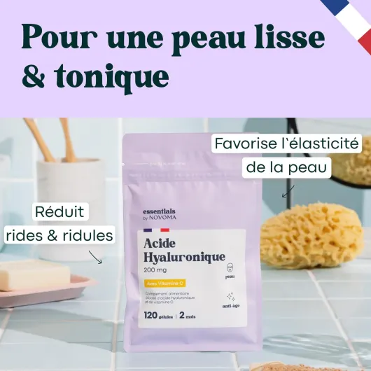 Acide Hyaluronique Pur, 120 Gélules Vegan, Action Anti-Âge + Anti-Rides, 800-900 kDa, Cure de 2 mois, Hydratation de la Peau, Avec Vitamine C, Fabriqué en France, Essentials by NOVOMA Essentials By Novoma - 120 Gélules