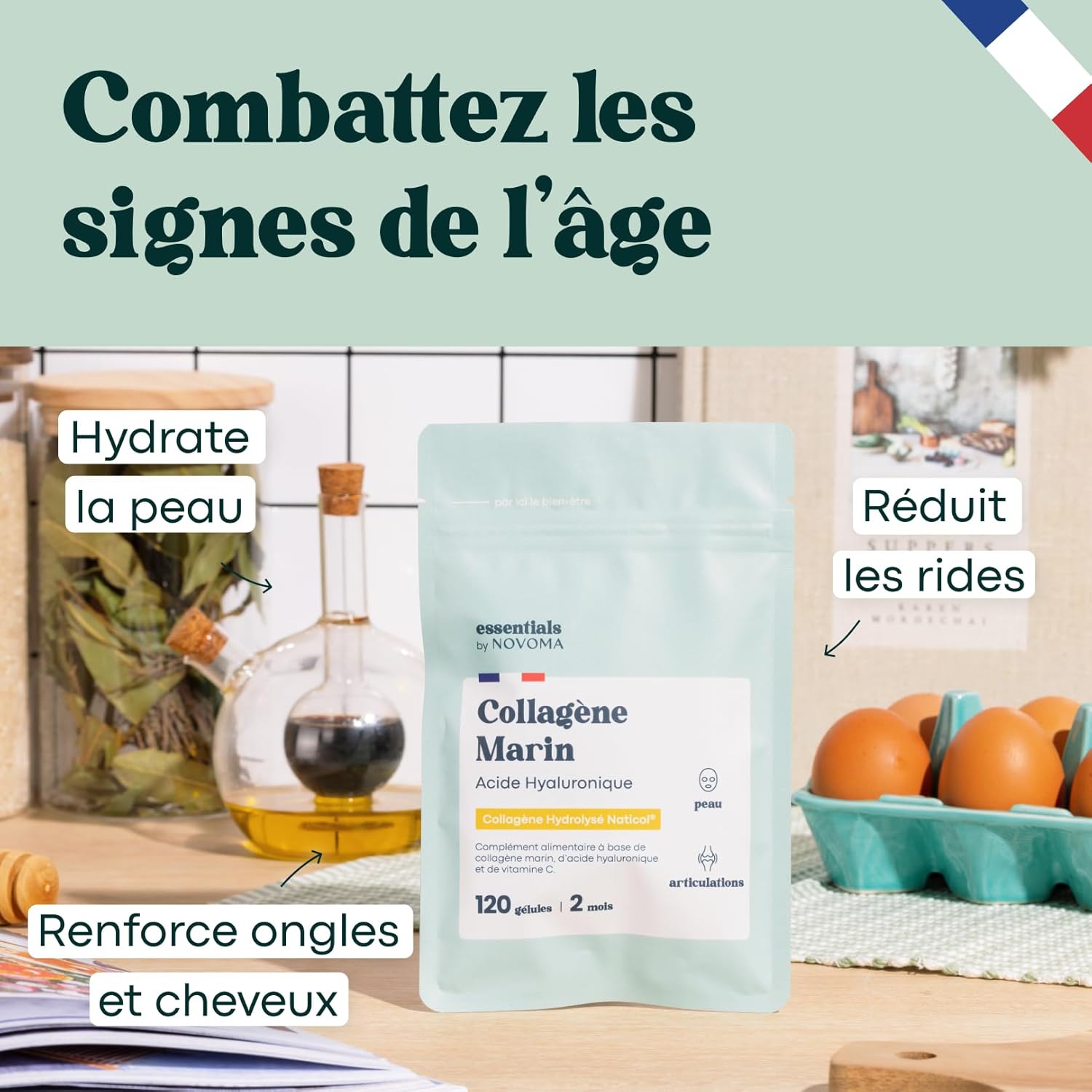 Collagène Marin + Acide Hyaluronique, Peau Hydratée et Articulations Fortes, Cure de 2 mois, 120 Gélules, Collagene Hydrolysé Type 1 Naticol®, Avec Vitamine C, Fabriqué en France, by Novoma 120 unité (Lot de 1)