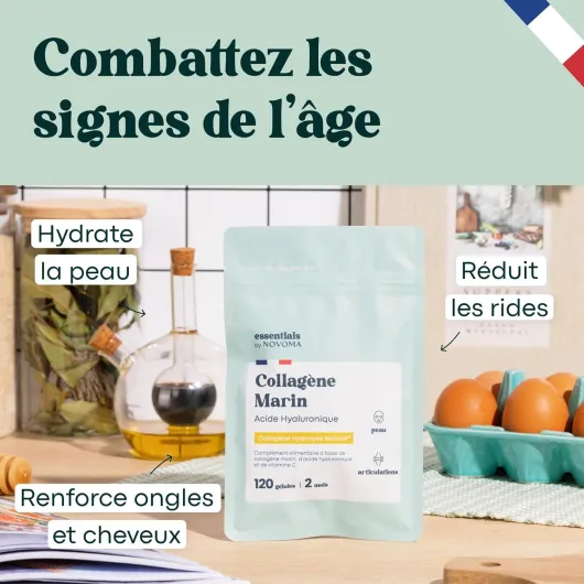 Collagène Marin + Acide Hyaluronique, Peau Hydratée et Articulations Fortes, Cure de 2 mois, 120 Gélules, Collagene Hydrolysé Type 1 Naticol®, Avec Vitamine C, Fabriqué en France, by Novoma 120 unité (Lot de 1)