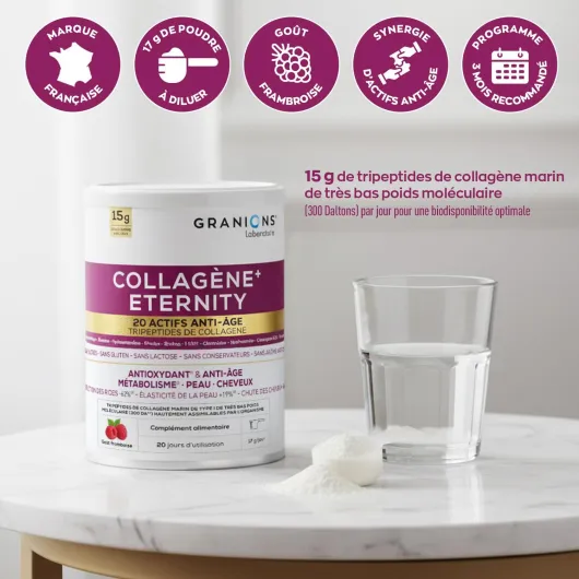 COLLAGENE +ETERNITY - GRANIONS Collagène N°1 en Pharmacies - Réduction Des Rides - Collagene Marin Poudre 15g – Collagene et Acide Hyaluronique -Coenzyme Q10- Goût Framboise 343g Collagène ETERNITY