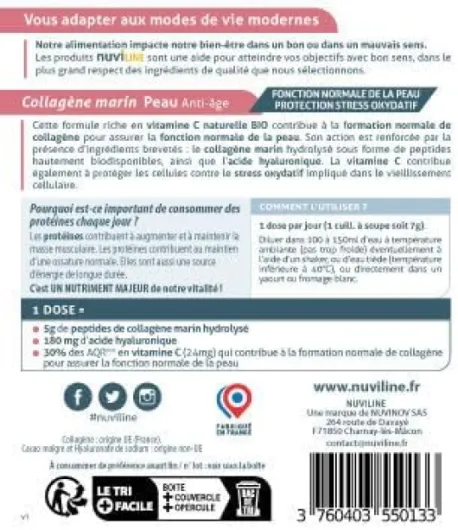 NUVILINE Beauty - Collagène Marin Peau Anti-Âge - Hydrolysé En Poudre - Acide Hyaluronique + Vitamine C BIO - Protection Stress Oxydatif - Premium - France - 280g (45 doses), Chocolat 280g (45 doses) Soin anti-âge (Chocolat)
