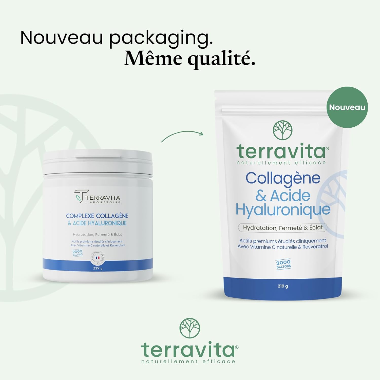 Collagène Marin Peptan + Acide Hyaluronique 200mg + Vit C - Hydratation, Fermeté et Éclat de la Peau - Diminution des Rides Démontrée - 219g de Poudre Goût Neutre - Filière Française - Terravita Neutre Unique