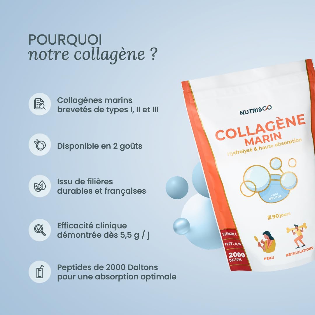 NUTRI & CO Collagene Marin Poudre Types 1, 2, 3 + Vitamine C, Breveté Naticol® & Cartydiss®, Peptides Hydrolysés 2000 DA, Format 90jrs 540g, Goût Neutre, Fabriqué en France