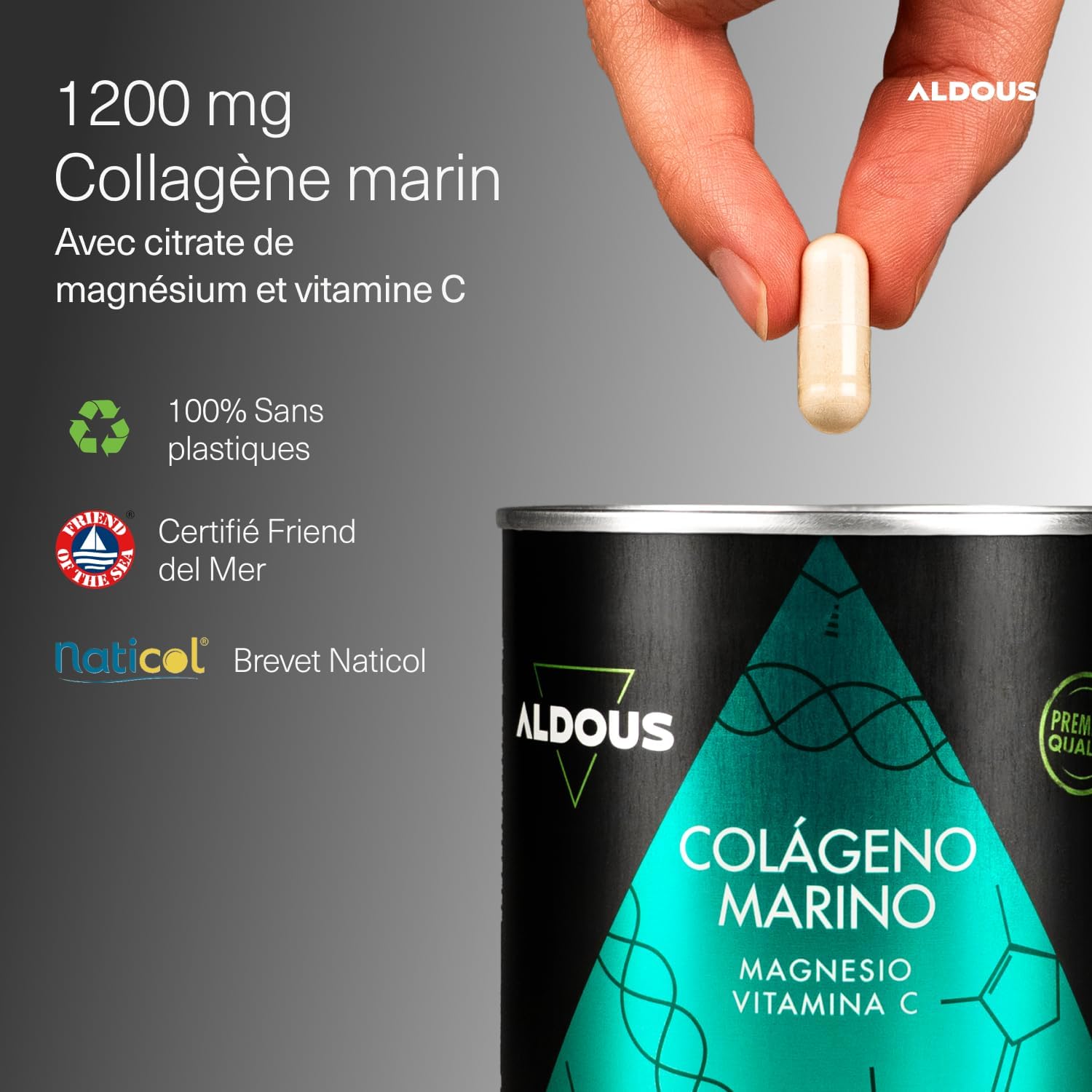 Collagène Marin - Type 1 et 3 Breveté Naticol® - 200 gélules avec Magnésium, Vitamine C - Cheveux, Peau, Ongles, Os et Articulations - Collagene Marin Gelules, Peptides de Collagène Hydrolysé - ALDOUS
