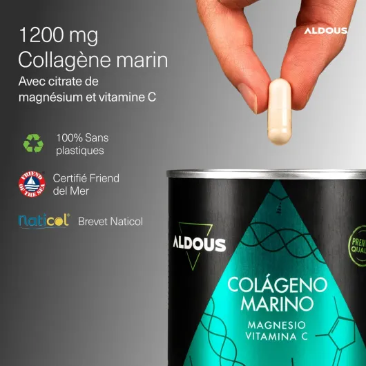 Collagène Marin - Type 1 et 3 Breveté Naticol® - 200 gélules avec Magnésium, Vitamine C - Cheveux, Peau, Ongles, Os et Articulations - Collagene Marin Gelules, Peptides de Collagène Hydrolysé - ALDOUS