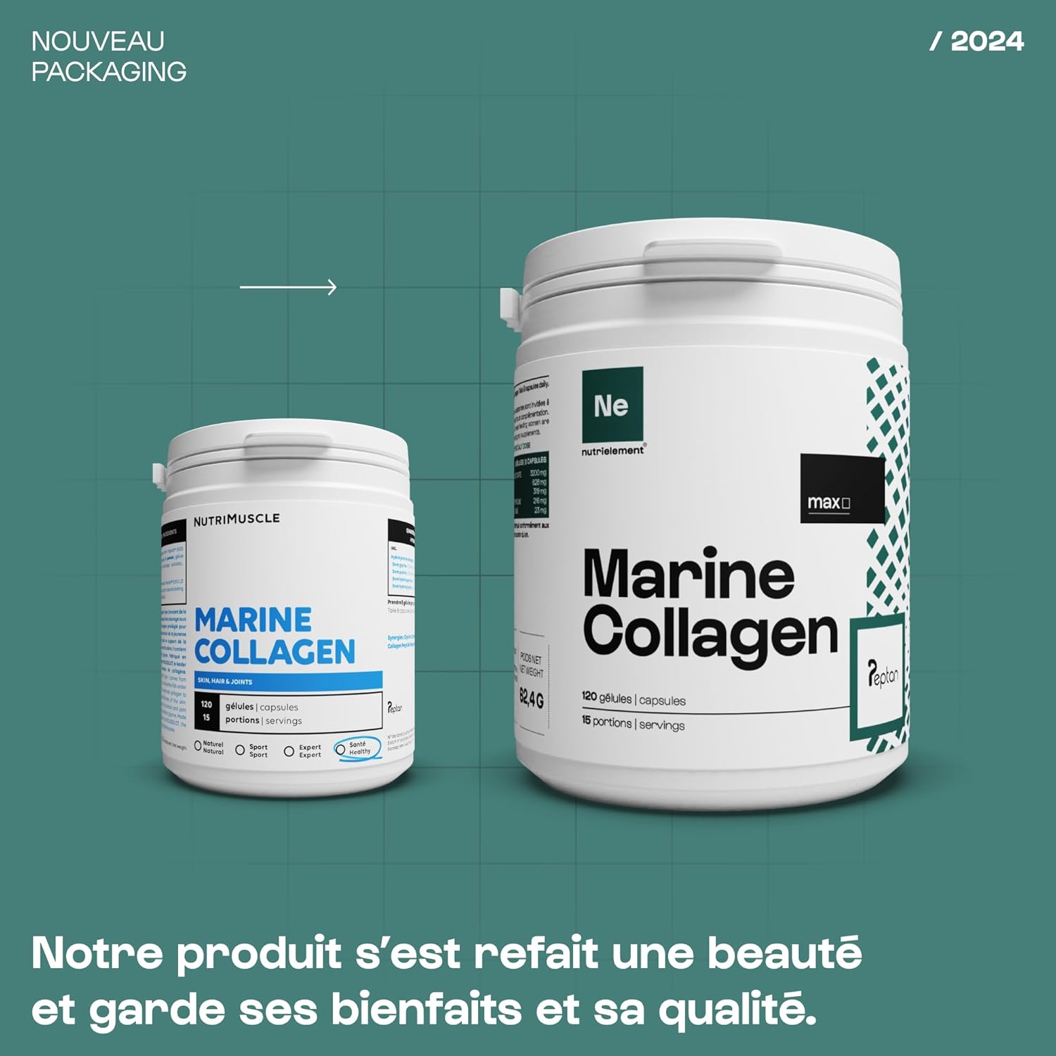 Collagène Marin Peptide Peptan Type 1-120 Gélules - Collagène hydrolysé - Contribue à la santé des cheveux, articulations, os - Favorise la jeunesse de la peau - Nutrielement By Nutrimuscle Nature 120 unité (Lot de 1)