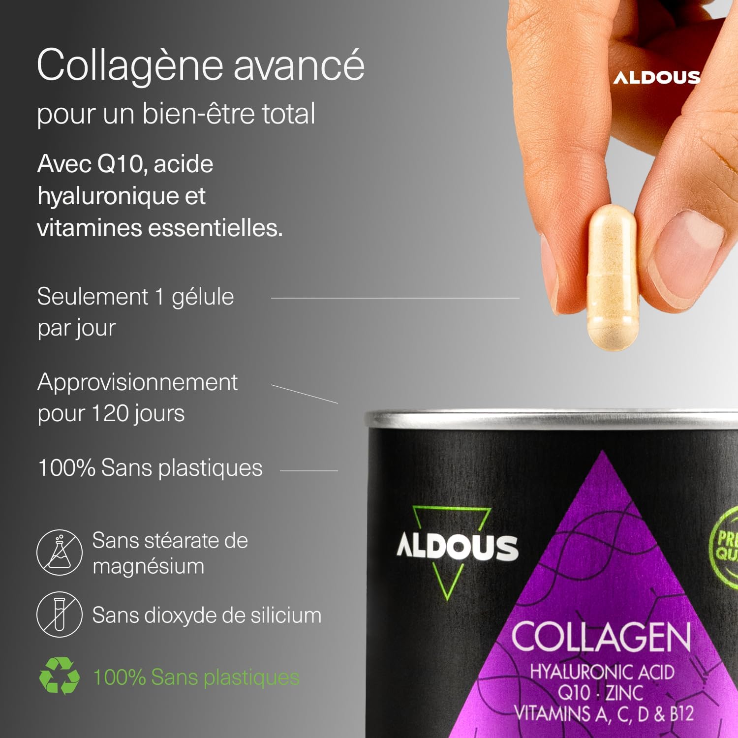 Collagène et Acide Hyaluronique - 120 Gélules - Peptide de Collagene - Collagène Hydrolysé + Acide Hyaluronique + Coenzyme Q10 + Vitamines A, C, D, B12 + Zinc - Peau, Os, Articulations - Anti-âge