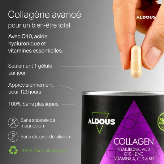 Collagène et Acide Hyaluronique - 120 Gélules - Peptide de Collagene - Collagène Hydrolysé + Acide Hyaluronique + Coenzyme Q10 + Vitamines A, C, D, B12 + Zinc - Peau, Os, Articulations - Anti-âge