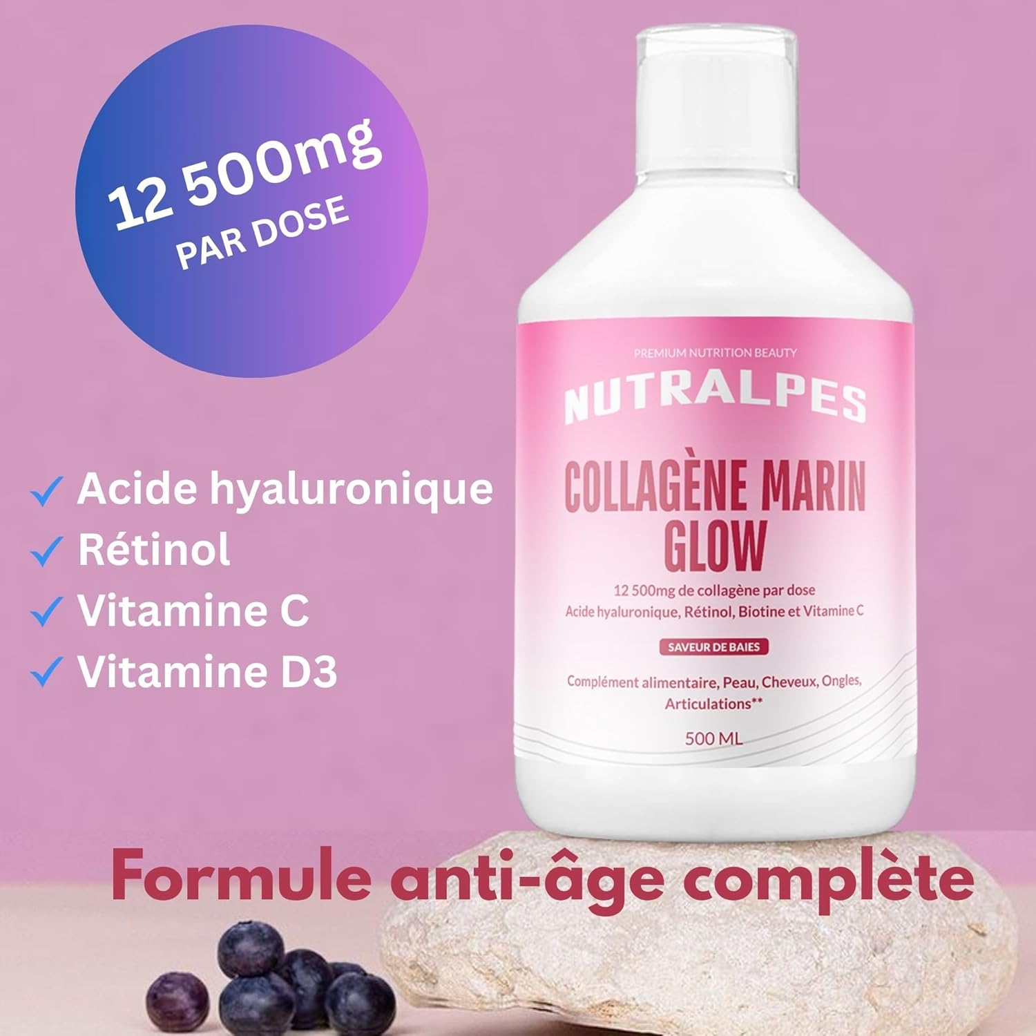 Collagène marin liquide 12500mg - Anti-Âge puissant - Peau Éclat & Hydratée - Acide hyaluronique, rétinol, vitamine C - 500ml - Saveurs baies.