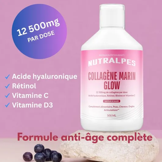 Collagène marin liquide 12500mg - Anti-Âge puissant - Peau Éclat & Hydratée - Acide hyaluronique, rétinol, vitamine C - 500ml - Saveurs baies.