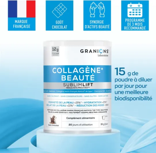 COLLAGENE MARIN BEAUTE SUBLIMLIFT GRANIONS - 12g de Collagene Marin Par Jour - Acide Hyaluronique + Coenzyme Q10 + Vitamine C - Antioxydants, Anti Age et Beauté Peau - Goût Chocolat -300 g