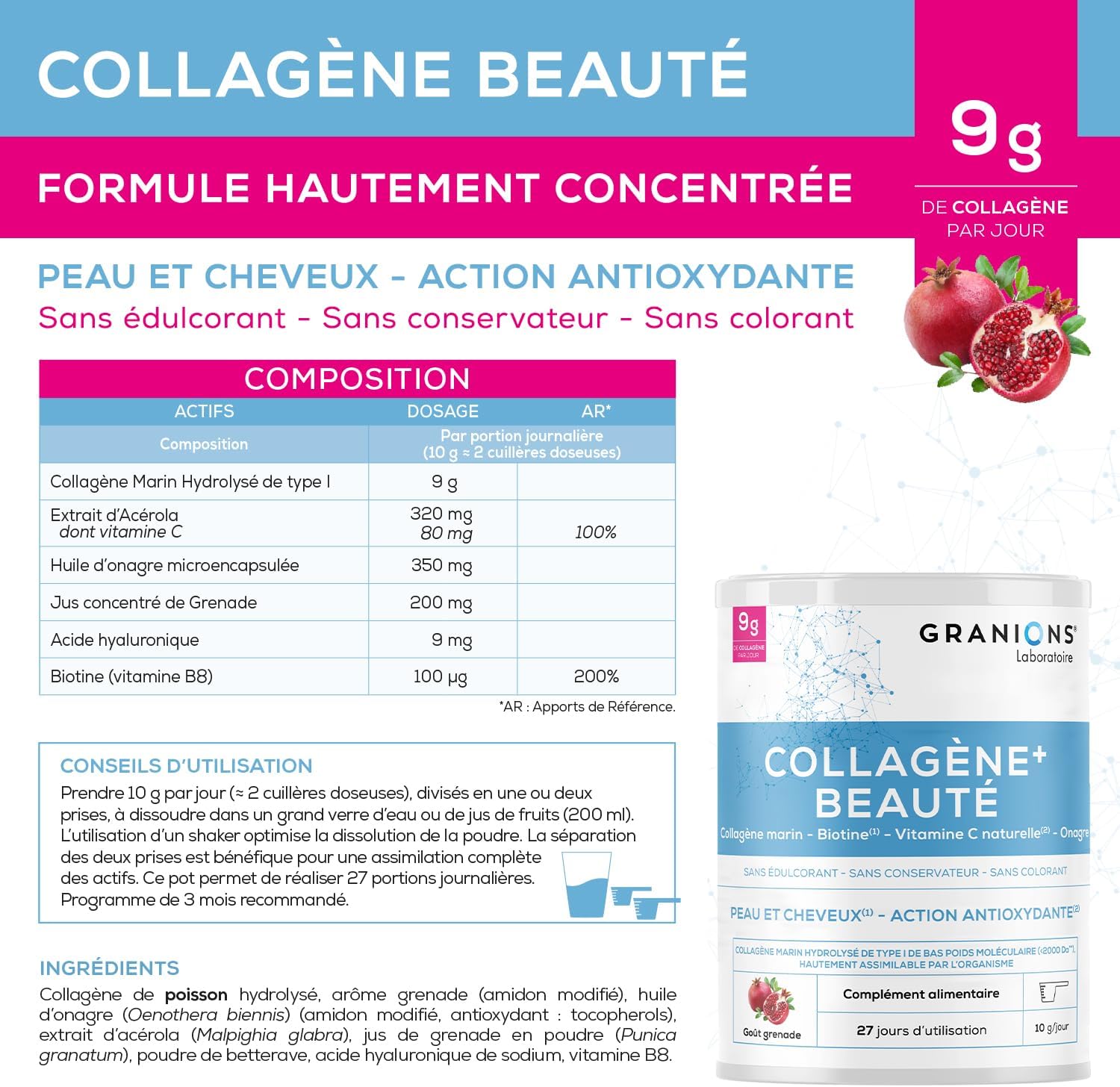 COLLAGENE +BEAUTE - Collagene Marin Poudre - Collagene et Acide Hyaluronique - Collagene Marin + Vitamine C + Biotine + Onagre - Beauté Peau et Cheveux - Grenade- Collagene Poudre 275g x2 54 Portions (Lot de 2) Lot x2 Saveur Grenade