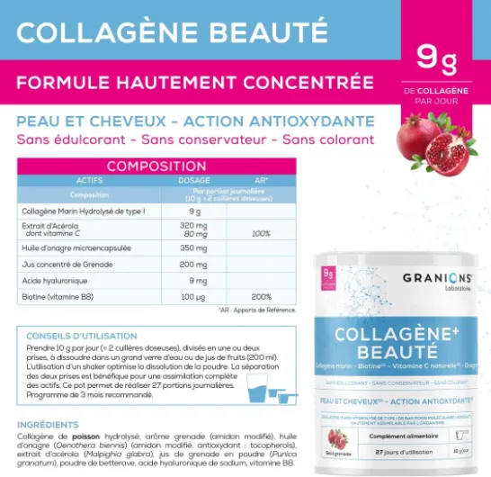 COLLAGENE +BEAUTE - Collagene Marin Poudre - Collagene et Acide Hyaluronique - Collagene Marin + Vitamine C + Biotine + Onagre - Beauté Peau et Cheveux - Grenade- Collagene Poudre 275g x2 54 Portions (Lot de 2) Lot x2 Saveur Grenade