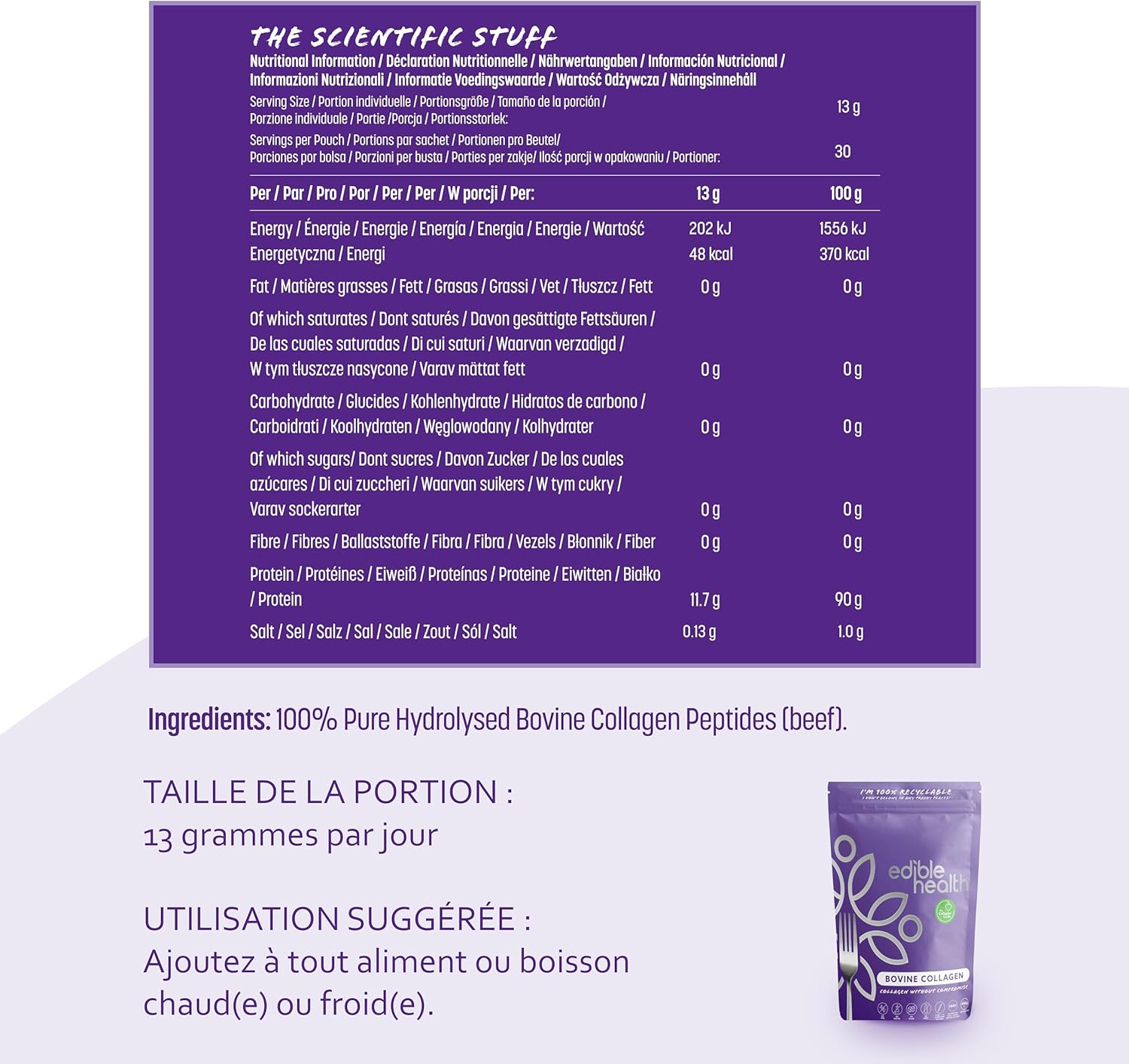 Collagène Hydrolysé Poudre, Types 1 & 3, Peptides Protéiques, 18 Acides Aminés, Collagène Bovin, Paleo, Keto, Casher, Halal, 1kg, 70J 1kg Sachet