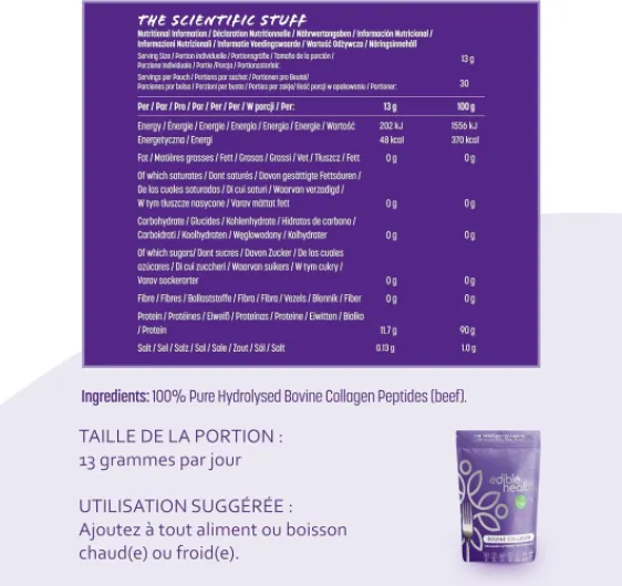 Collagène Hydrolysé Poudre, Types 1 & 3, Peptides Protéiques, 18 Acides Aminés, Collagène Bovin, Paleo, Keto, Casher, Halal, 1kg, 70J 1kg Sachet