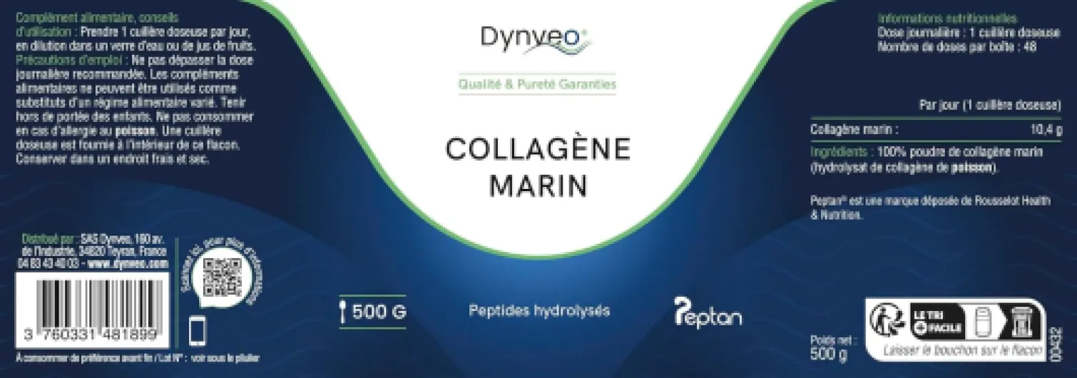 Collagène Marin hydrolysé - Peau souple & hydratée - Type 1 peptides bioactifs 2000 DA - Haute Biodisponibilité - Collagène en Poudre Qualité Peptan®- Issu de pêche durable - 500G (48 jours) - Dynveo