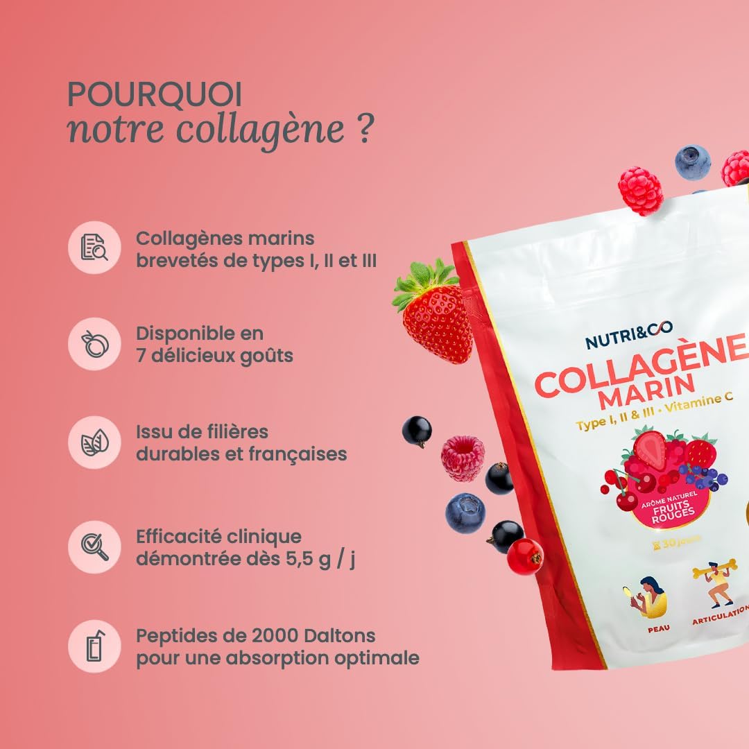 NUTRI & CO Collagene Marin Poudre Types 1, 2, 3 + Vitamine C, Breveté Naticol® & Cartydiss®, Peptides Hydrolysés 2000 DA, Format 30jrs 180g, Goût Fruits Rouges, Fabriqué en France Fruits Rouges 30 Portions (Lot de 1)