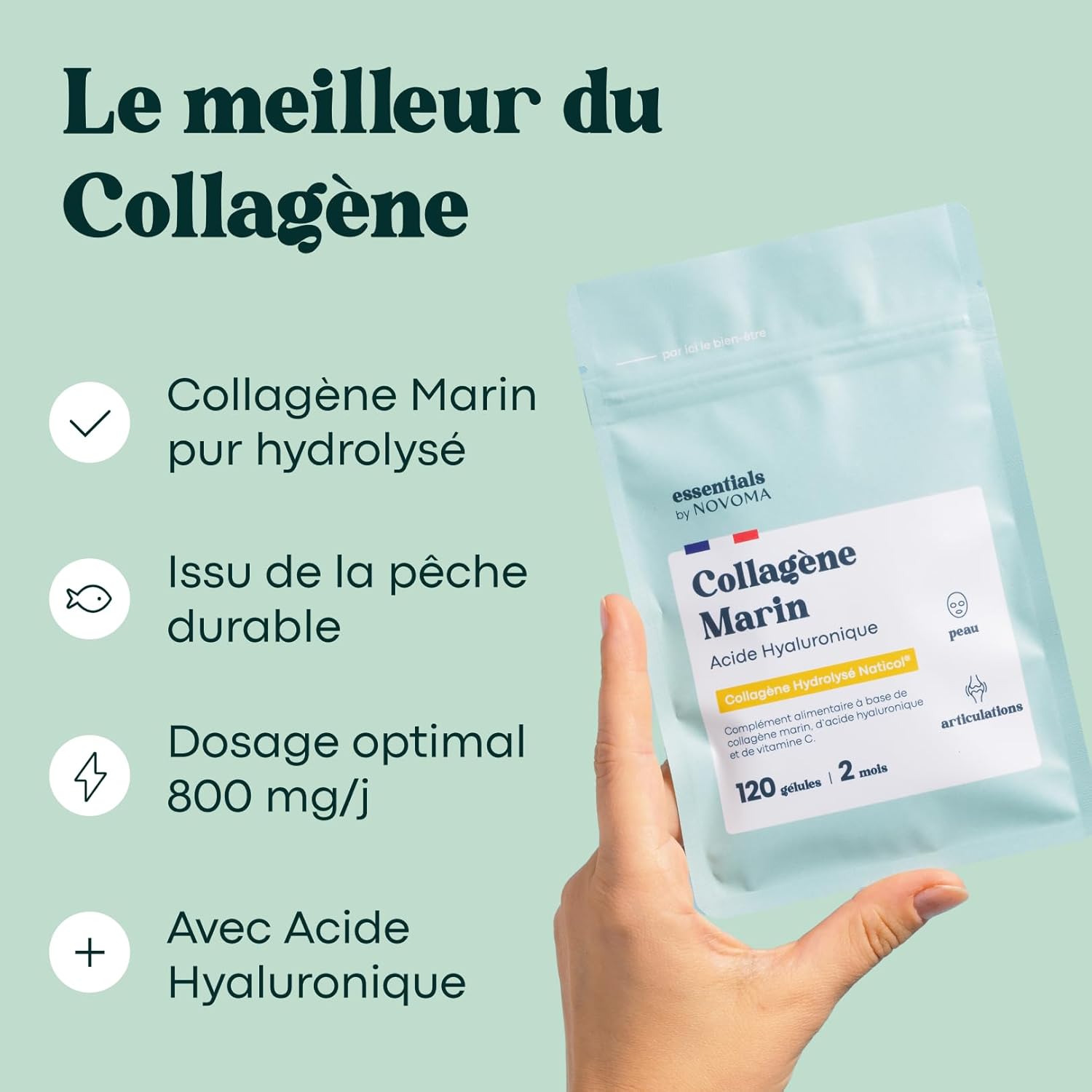 Pack Beauté - 2 Mois - Collagène Marin, Biotine & Acide Hyaluronique - Hydratation de la Peau, Anti-Rides, Pousse & Fortification des Cheveux - Essentials by Novoma