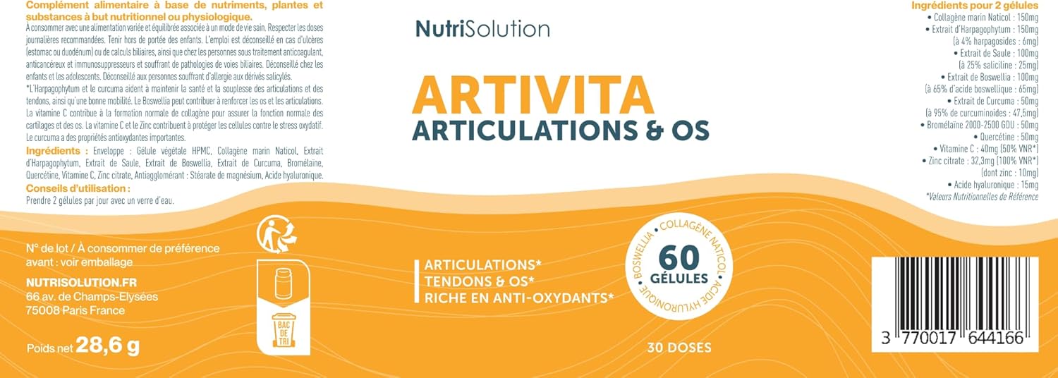 Artivita Soutien Articulaire – Formule Avancée au Collagène Marin, Acide Hyaluronique & Curcuma pour Articulations, Protection du Cartilage & Confort – 60 Gélules