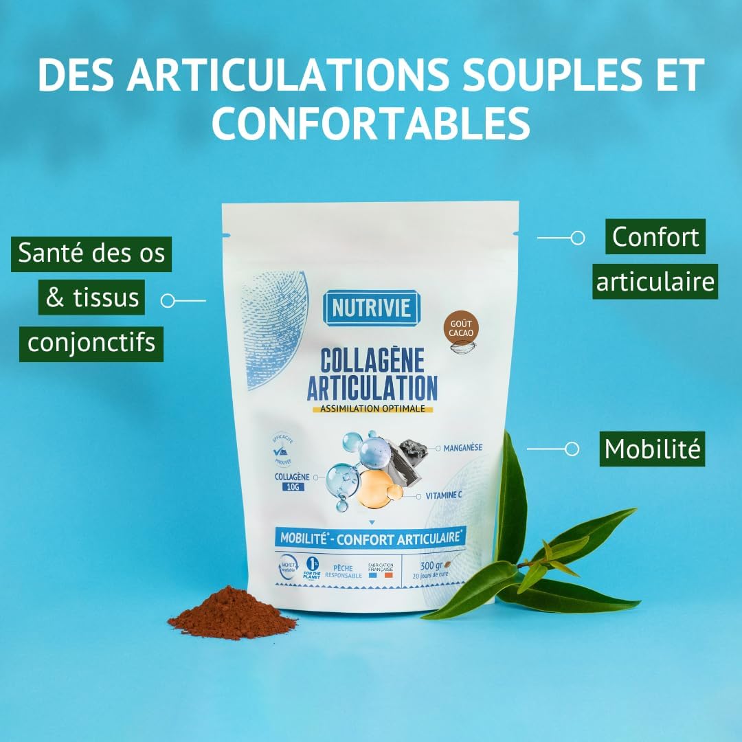 Collagène Marin Naticol Type I & III 10000mg - Enrichi Vitamine C + Manganèse - Articulations, Cartilages & Mobilité - Pêche responsable - Goût Cacao - Poudre 300g - Fabriqué en France - Nutrivie