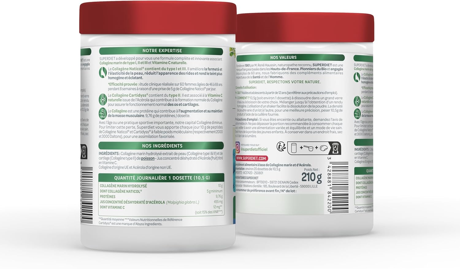 COLLAGÈNE MARIN + VITAMINE C NATURELLE - Sans arôme - Peau, articulations, muscles - Fabrication française - Poudre 210g