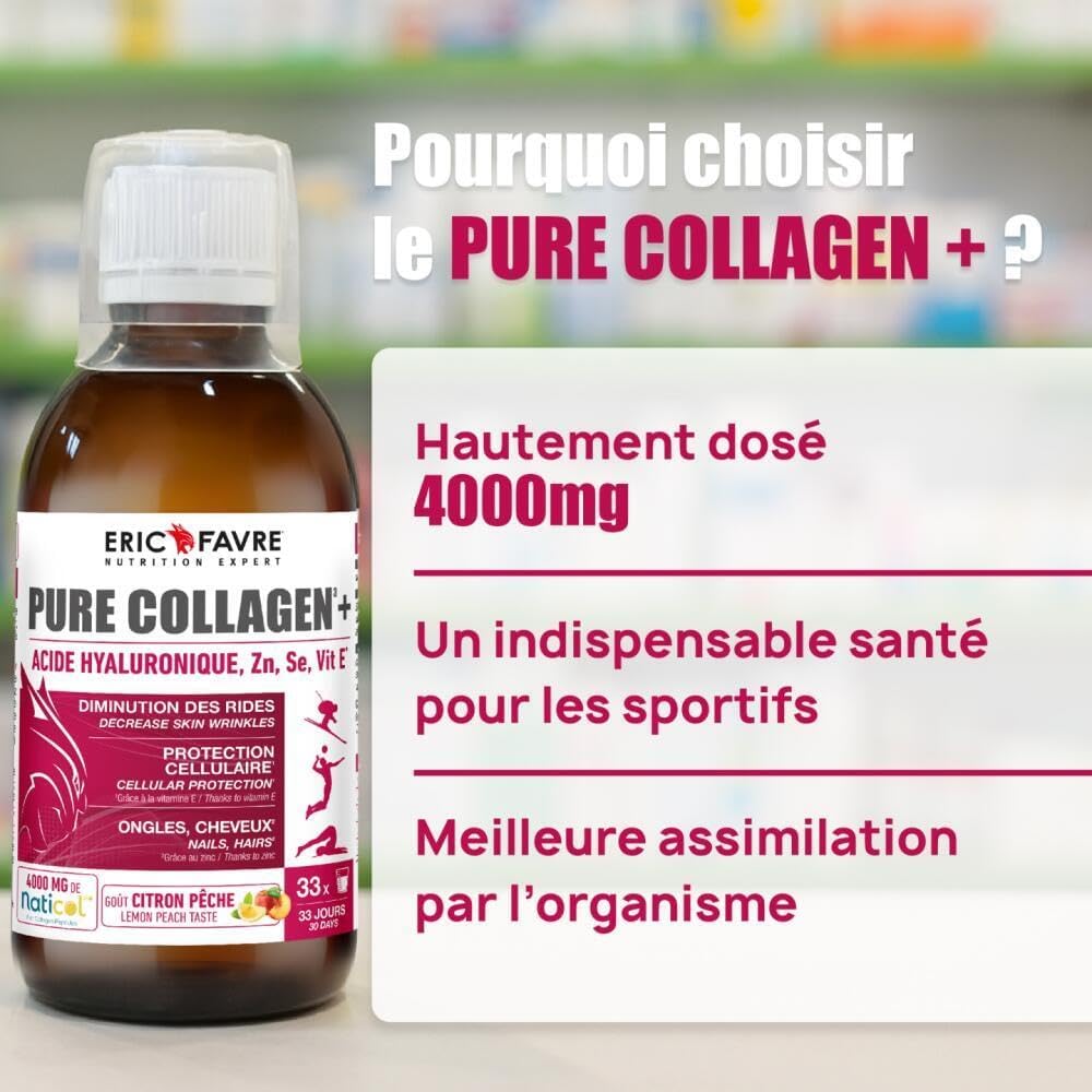 PURE COLLAGENE MARIN Hydrolysé + Acide Hyaluronique + Sélénium + Vitamine E, Peau, Cheveux, Ongles, Os - Boisson 500ml - Saveur Pêche/Citron - Eric Favre