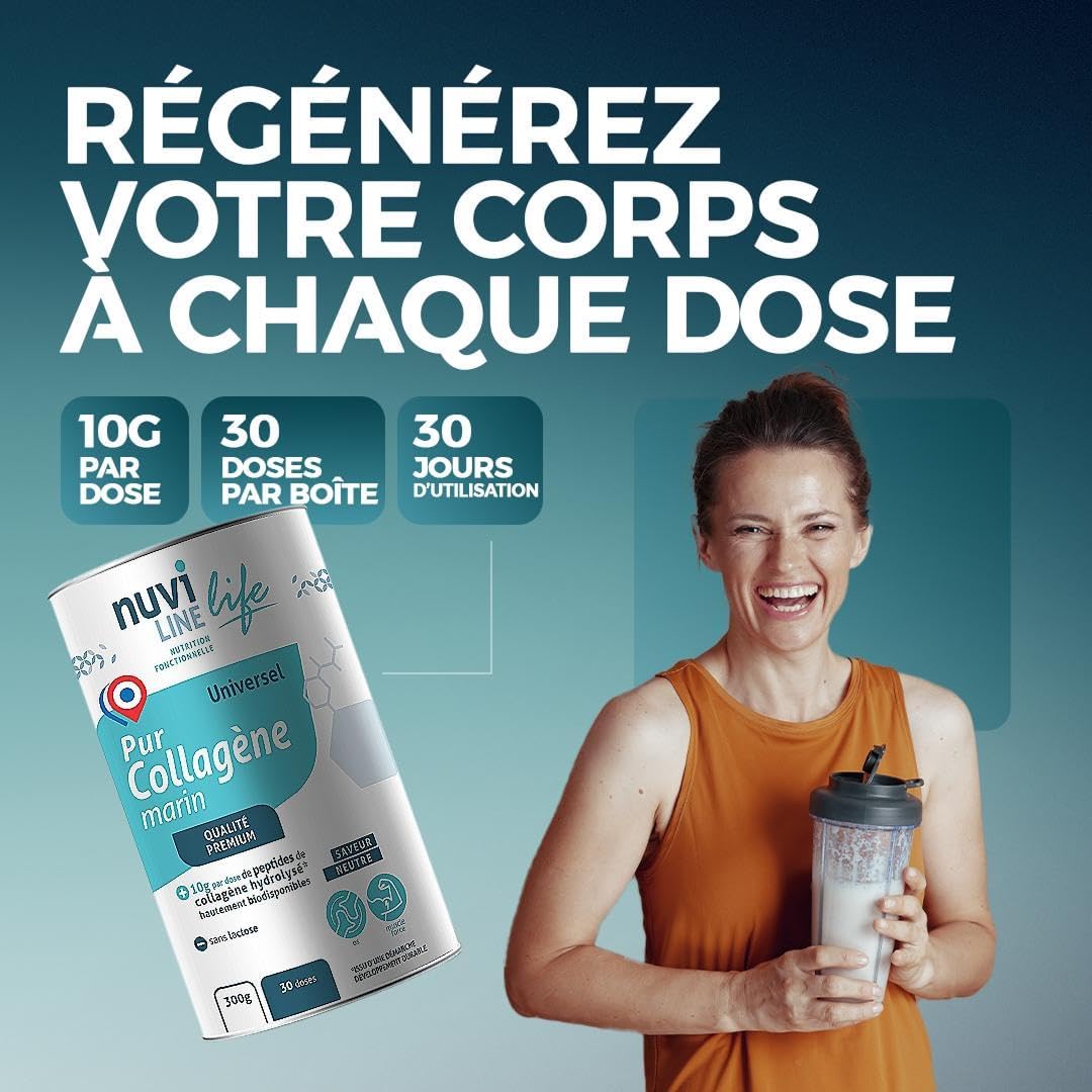 NUVILINE Life - Pur Collagène Marin Universel - Collagène Hydrolysé En Poudre - Muscles, Os & Articulations - Qualité Premium - Fabriqué En France - 300g (30 doses) 300 g Muscles & Os