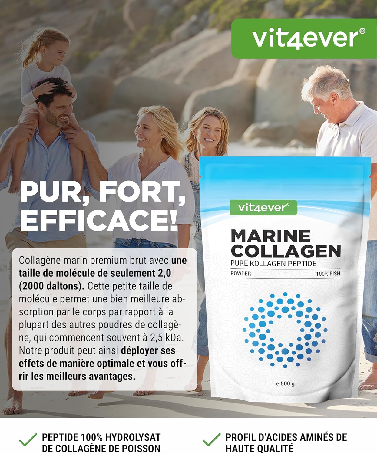 Poudre de collagène marin 500 g - peptides de collagène bioactifs - hydrolysat de collagène de poisson premium - solubilité parfaite - neutre en goût et hautement dosé - marine collagen peptides Poudre de collagène 500 g