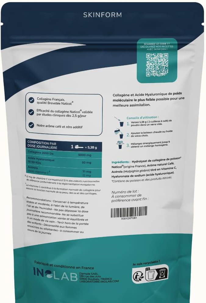 INOLAB Collagene Marin poudre & Acide Hyaluronique & Acérola Bio - Collagène marin Français Breveté 2000 Da - - Arôme Naturel Café - 45 Doses de 5,38 g/jour Cafe