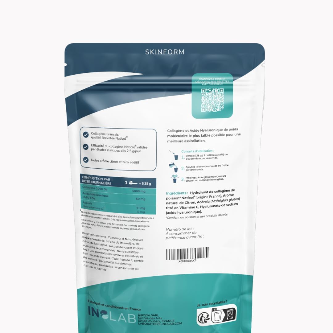 INOLAB Collagène Marin 2000 Da - 45 Doses de 5 g/jour - Collagène Français Breveté Naticol - Acide Hyaluronique + Acérola Bio - Arôme Naturel Citron - Peau Élastique Hydratée & Articulations