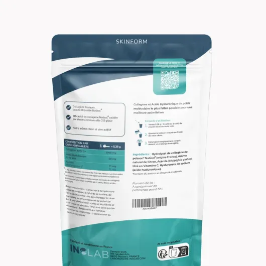 INOLAB Collagène Marin 2000 Da - 45 Doses de 5 g/jour - Collagène Français Breveté Naticol - Acide Hyaluronique + Acérola Bio - Arôme Naturel Citron - Peau Élastique Hydratée & Articulations