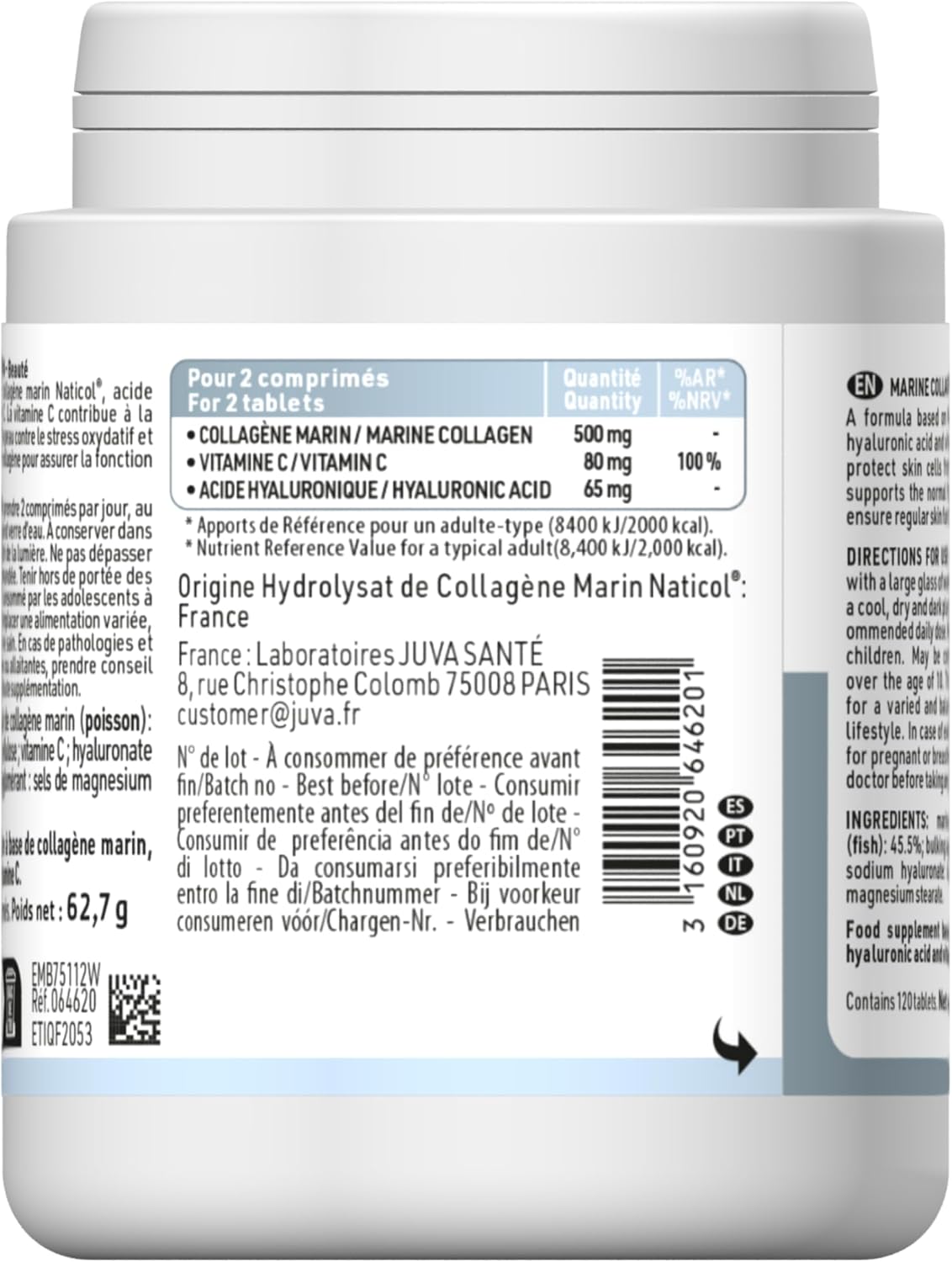Collagène Marin et Acide Hyaluronique - Vitamine C - Beauté - Peau et Articulations - Programme de 2 mois - 120 Comprimés - Fabriqué en France Big one