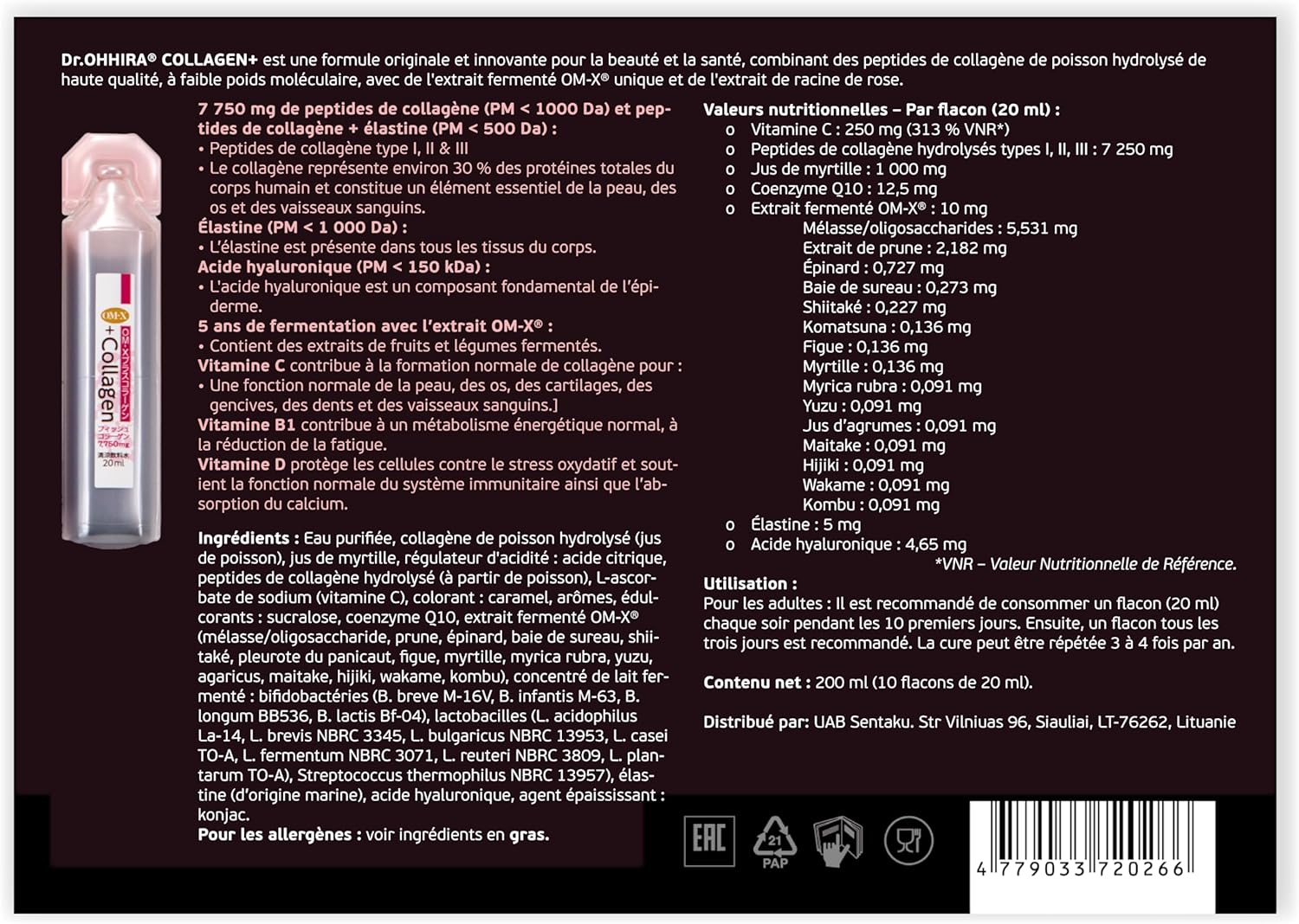 Collagen+ - Complément Alimentaire de Collagène Marin Liquide pour Femmes - Peptides de Collagène Hydrolysé Types I, II, III avec OM-X® et Acide Hyaluronique (200 ml – Pack de 10 fioles)