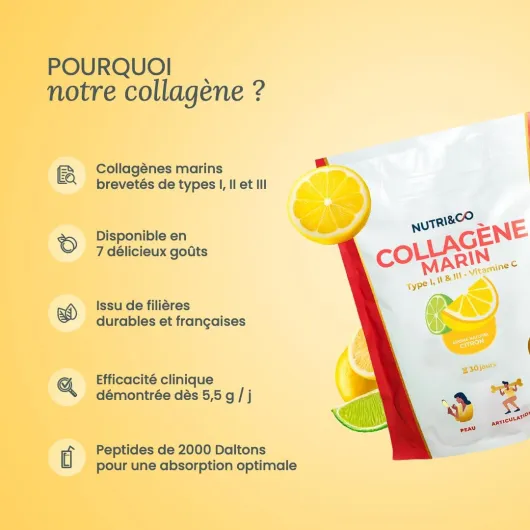 NUTRI & CO Collagene Marin Poudre Types 1, 2, 3 + Vitamine C, Breveté Naticol® & Cartydiss®, Peptides Hydrolysés 2000 DA, Format 30jrs 180g, Goût Citron, Fabriqué en France Citron 30 Portions (Lot de 1)