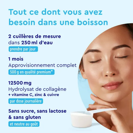 Collagène Marin Breveté en Poudre, 500g de Peptides de Collagene Hydrolysé Pur Type 1, Avec Vitamine C, Cuivre et Zinc, Pour la Peau, les Articulations et les Cheveux*, Goût Neutre, Sans Additifs