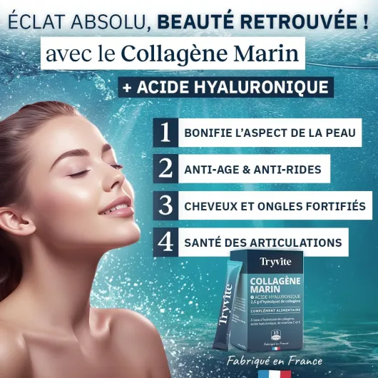 TRYVITE Collagène Marin et Acide Hyaluronique– VitamineC &E, Peau Hydratée & Élastique - Haute Absorption (15 sticks)