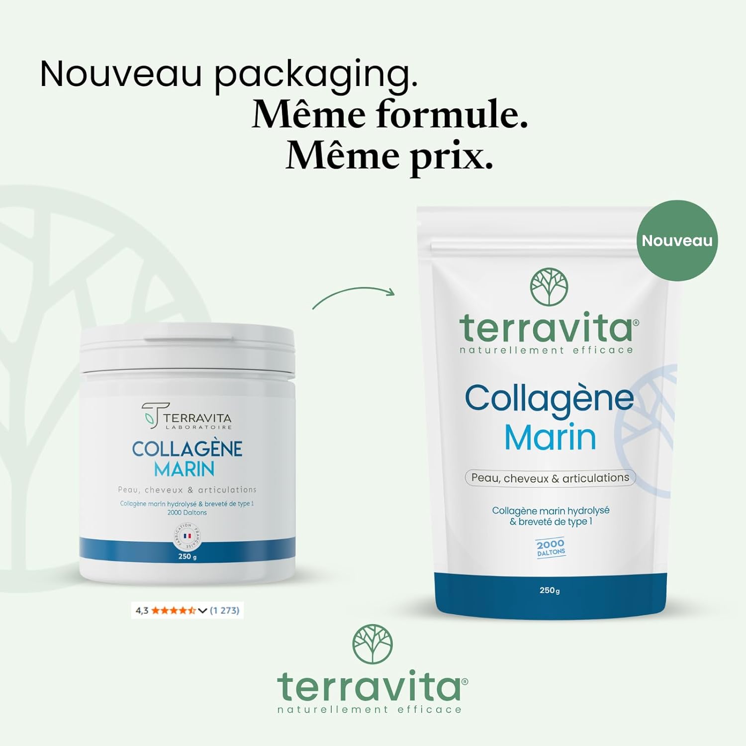 COLLAGÈNE MARIN Breveté Peptan® en Poudre - 250g de Peptides de Collagène Purs - Riche en Tripeptides - Articulations Souples, Peau Lisse et Hydratée - Goût Neutre - 100% Français - Terravita