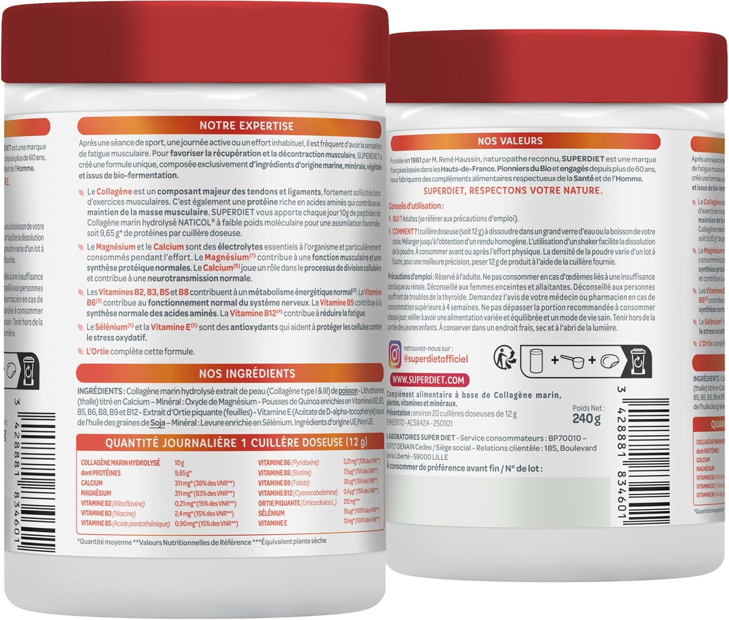 COLLAGÈNE MARIN - RÉCUPÉRATION MUSCULAIRE - Décontractant et relaxant - Anti-fatigue - Anti-oxydant - Riche en protéines - Fabrication française - 240g