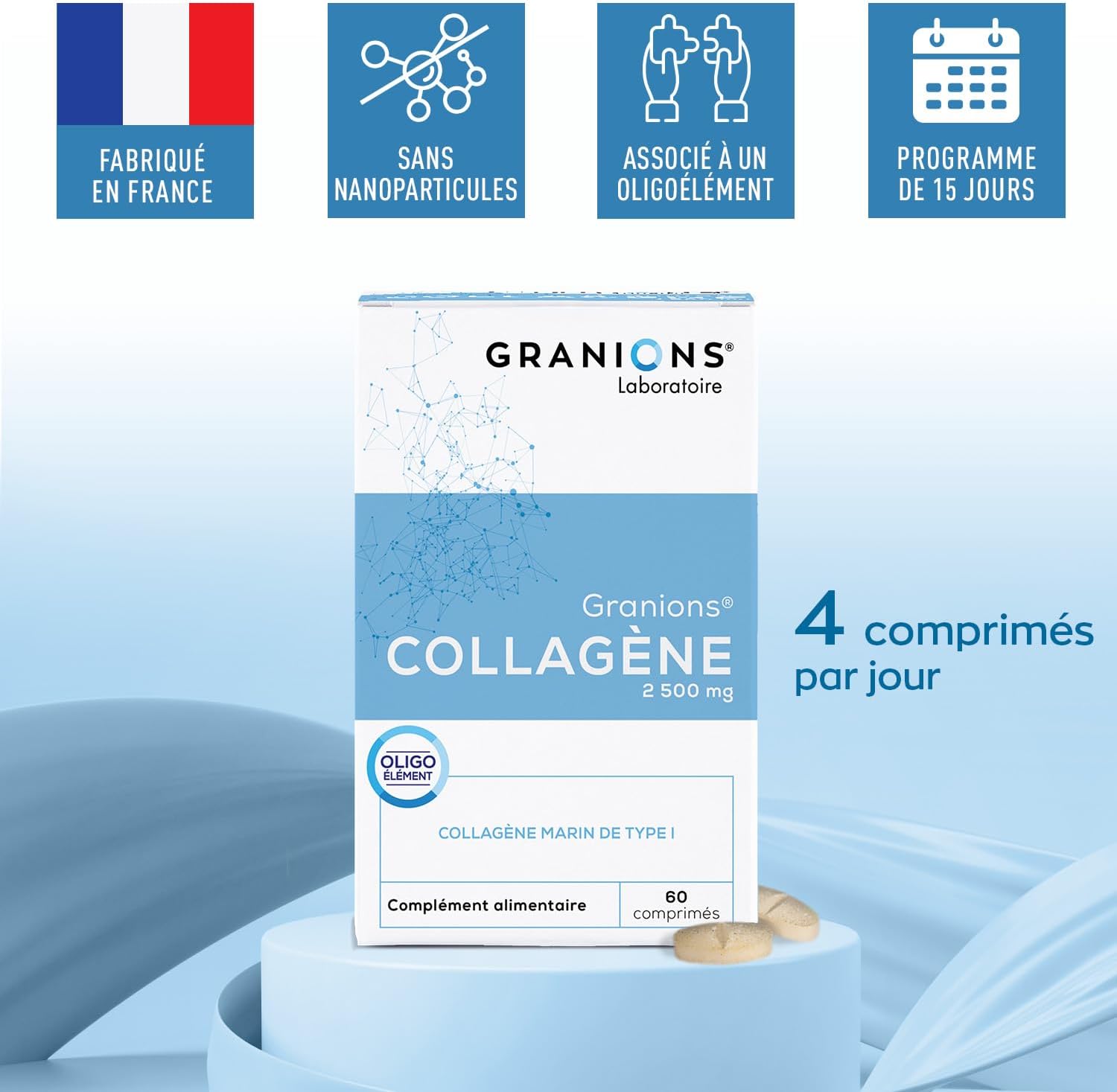 COLLAGENE MARIN GRANIONS - Collagene Marin 2500mg + Zinc - Hydratation de la Peau - Collagene Marin Hydrolysé Type 1 + Zinc Complement Alimentaire - Collagene Marin Fabriqué en France - 60 comprimés COLLAGÈNE - Lot de 2 x 60 comprimés